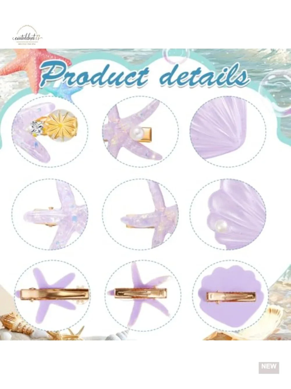 12-Piece Seashell Pearl Hair Clip Set Acrylic Resin Metal